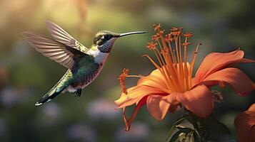 Hummingbird flying to pick up nectar from a beautiful flower. Digital artwork. photo