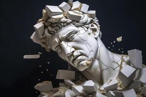 Broken ancient greek statue head falling in pieces. Broken marble sculpture, cracking bust, concept of depression, memory loss, mentality loss or illness. AI Generative photo