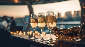 Luxury evening party on a cruising yacht with a champagne setting. Champagne glasses and bottles with champagne with bokeh yacht in the background, nobody. AI Generative photo