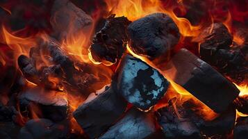 Burning coals from a fire abstract background. photo