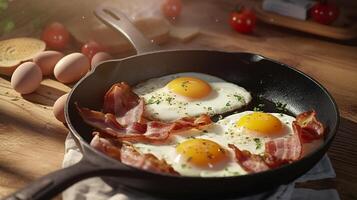 Bacon and eggs in a pan. Composition with tasty fried eggs and bacon on wooden table. photo