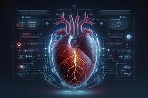 A GUI hologram of a futuristic human heart, holographic sci-fi interface, data lines, scales, and charts, cinematic, photo