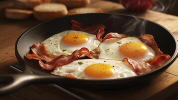 Bacon and eggs in a pan. Composition with tasty fried eggs and bacon on wooden table. photo