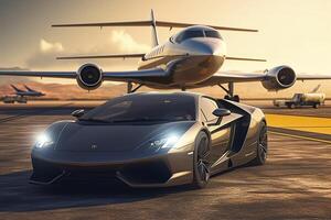 Super car and private jet on landing strip. Business class service at the airport. Business class transfer. Airport shuttle, photo