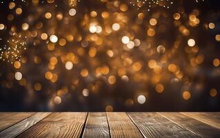 Christmas bokeh background, wooden background with bokeh, glitter stars, rustic wood, and Backdrop for product presentation. photo