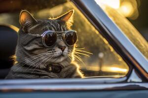 Capture a dreamy reflection by photographing a cat wearing sunglasses with a vintage Leica M6, highlighting the texture and contrast of an old timer car. photo