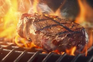 Beef steak on the grill with smoke and flames. photo