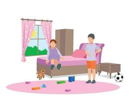 cute kids playing in the bedroom vector