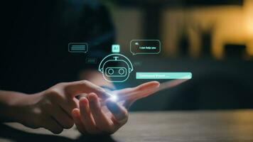 Women using technology smart robot AI, enter command prompt, contact for business information analysis, and futuristic technology transformation. ChatGPT Chat concept AI, Artificial Intelligence. photo