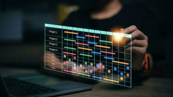 proyecto gerente y actualización Tareas y hitos Progreso planificación con Gantt gráfico Planificación interfaz para el empresa en virtual pantalla. negocio proyecto administración sistema. foto