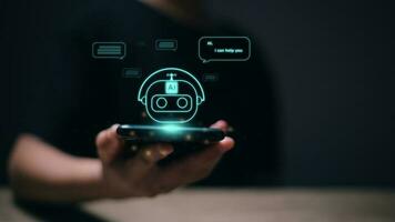 Women using technology smart robot AI, enter command prompt, contact for business information analysis, and futuristic technology transformation. ChatGPT Chat concept AI, Artificial Intelligence. photo