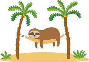 Cartoon sloth is sleeping in hammock under palm trees vector