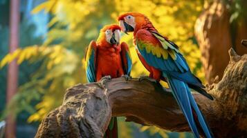 Colorful macaws perched on a tree AI Generated photo