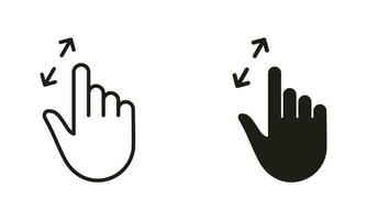 Zoom Gesture by Hand Finger Line and Silhouette Black Icon Set. Enlarge Screen, Rotate Screen Pictogram. Gesture Slide Up and Down Symbol Collection. Isolated Vector Illustration.