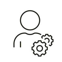 Person with Gear Linear Pictogram, Project Management Concept. Workforce Line Icon. Leader Works. Social Human with Cog Wheel. Teamwork Outline Symbol. Editable Stroke. Isolated Vector Illustration.