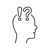 Human Head with Question Mark and Exclamation Point Line Icon. Person Face in Profile View Doubt and Curious Linear Pictogram. Confused Outline Symbol. Editable Stroke. Isolated Vector Illustration.