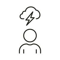 hombre lluvia de ideas línea icono. trueno tormenta con nube y relámpago encima persona lineal pictograma. creatividad pensar, estrategia solución contorno símbolo. editable ataque. aislado vector ilustración.