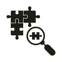 Magnifier with Puzzle Parts Solid Sign. Magnifying Glass and Jigsaw Pieces Silhouette Icon. Problem Solving Glyph Pictogram. Research, Discovery, Exploration. Isolated Vector Illustration.