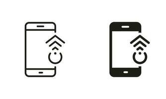 Swipe on Smartphone Line and Silhouette Black Icon Set. Gesture Up on Mobile Phone Pictogram. Touch Screen in Cellphone, Scroll Up in Electronic Device Symbol Collection. Isolated Vector Illustration.