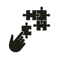 Jigsaw and Human Hand Glyph Pictogram. Puzzle Strategy, Collaboration for Finding Solution Silhouette Icon. Connect Missing Pieces of Puzzle. Team Game Solid Sign. Isolated Vector Illustration.