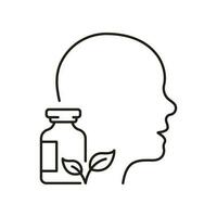 Healthy Person, Eco Pharmaceutical Pill, Natural Vitamin Outline Symbol. Herbal Medicine, Human Head Line Icon. Nature Organic Pharmacy Linear Pictogram. Editable Stroke. Isolated Vector Illustration.