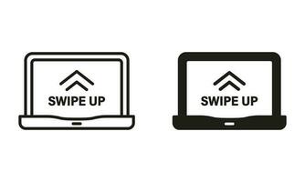Swipe Up in Laptop Line and Silhouette Icon Set. Gesture on Computer Touch Screen Pictogram. Drag on Digital Device App Symbol, Touchscreen Technology Symbol Collection. Isolated Vector Illustration.