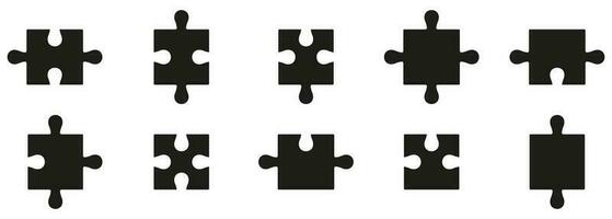 Puzzle Pieces Fit Together Silhouette Icon Set. Jigsaw Parts Matching, Complete Game, Find Solution Pictogram. Business Strategy, Brainstorming, Teamwork Solid Symbol. Isolated Vector Illustration.