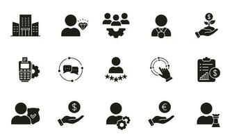 Creative Business Strategy Silhouette Icons Set. Entrepreneur Growth and Development Glyph Pictogram. Customer Satisfaction Solid Sign. Client Oriented Service Symbol. Isolated Vector Illustration.