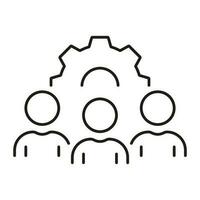 Project Management, Cooperation, Teamwork Line Icon. Employee Team with Gear Linear Pictogram. Group Of People with Cog Wheel. Workforce Outline Symbol. Editable Stroke. Isolated Vector Illustration