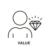 Employee Value Line Icon. Business Principles Sign. Person is Core Values at Work Linear Pictogram. Man with Diamond, Corporate Ideology Outline Symbol. Editable Stroke. Isolated Vector Illustration.