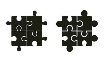 Square Jigsaw Parts Fit Solid Pictogram. Puzzle Pieces Match Silhouette Icon Set. Teamwork, Idea, Logic Game, Combination Solution Glyph Symbol. Isolated Vector Illustration.