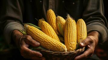 Farmer male hands holding corn AI Generated photo