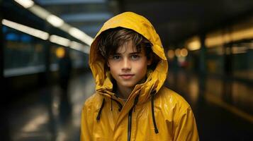 un hermoso chico en un amarillo lluvia Saco ai generado foto