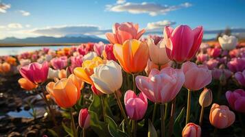 campo de vistoso tulipanes ai generado foto