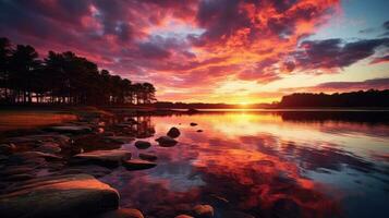 Sunset over a lake AI Generated photo