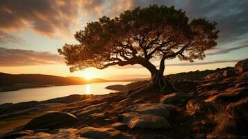 árbol en colina con el puesta de sol ai generado foto