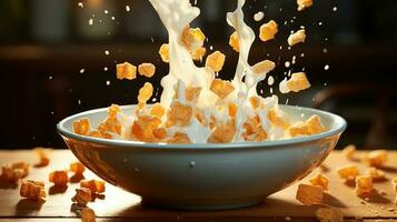 A bowl of milk with cereal falling into it AI Generated photo