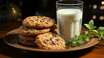 Cookies in plate and glass of milk AI Generated photo