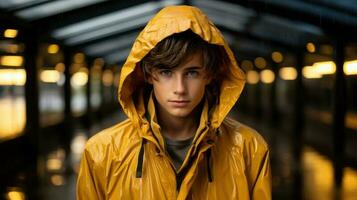 un hermoso chico en un amarillo lluvia Saco ai generado foto