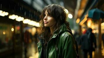 A woman in a green rain coat AI Generated photo