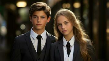 Handsome boy and cute girl in a suit AI Generated photo
