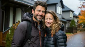 Pareja en pie en frente de nuevo casa ai generado foto