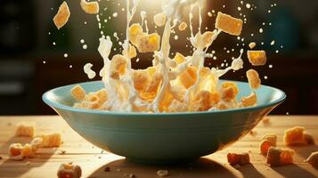 A bowl of milk with cereal falling into it AI Generated photo