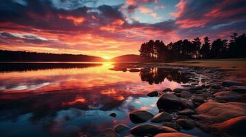 puesta de sol terminado un lago ai generado foto