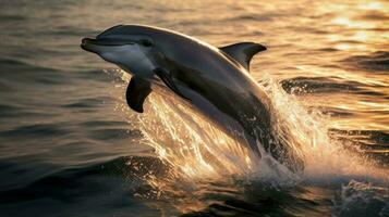 delfín saltando fuera de agua ai generado foto