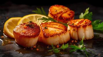 Pan seared diver scallops with lemon photo