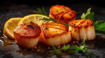 Pan seared diver scallops with lemon AI Generated photo