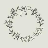 Frame round for congratulations Happy New Year minimalist style vector illustration. Ink drawn festive template with spruce branches and rowan for text. Boho style background design element