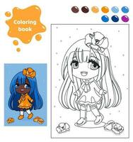 Coloring book for kids. Worksheet for drawing with cartoon anime girl. Cute child with poppies and blue hair. Coloring page with color palette for children. Vector illustration.