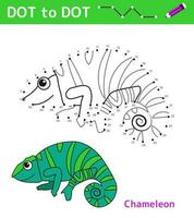 Dot to dot. Numbers game. Education math game for children. Drawing task for kids. Colored worksheet with cute cartoon chameleon. Leisure games. Vector illustration.